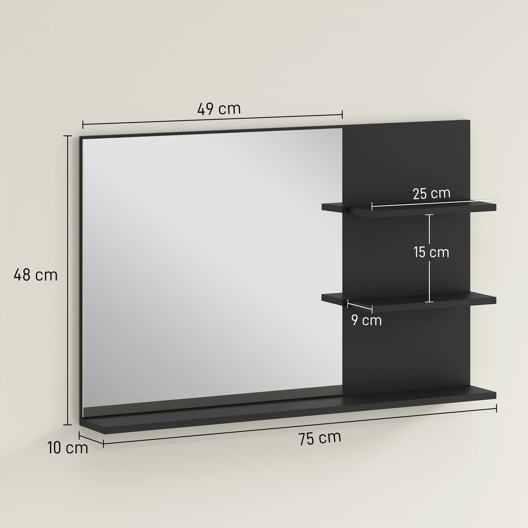 kleankin Miroir de Salle de Bain Moderne avec 2 étagères latérales et Une étagère inférieure, Miroir Mural en MDF et Verre, 75x10x48 cm, Noir