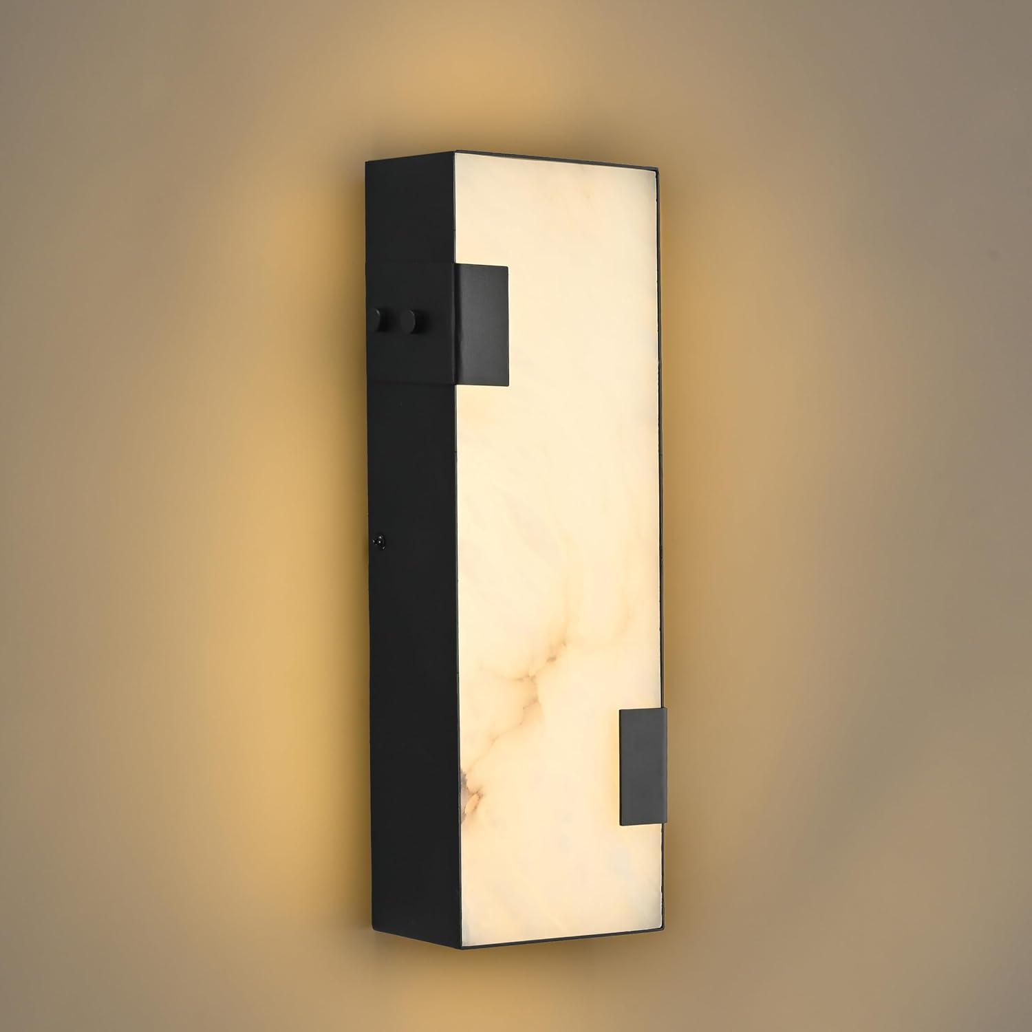 Modern Alabaster Wall Sconce 14.17” Black Frame with Natural Marble Shade Dimmable 3000K Warm Glow Light for Bedroom Hallway Bathroom Fireplace Staircase