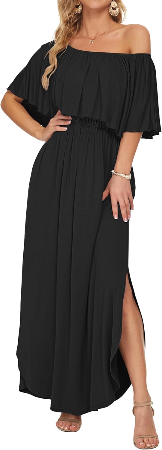 AUSELILY Womens Off The Shoulder Dress Summer Casual Long Ruffle Party Side Split Beach Maxi Dresses with Pockets - Image 2