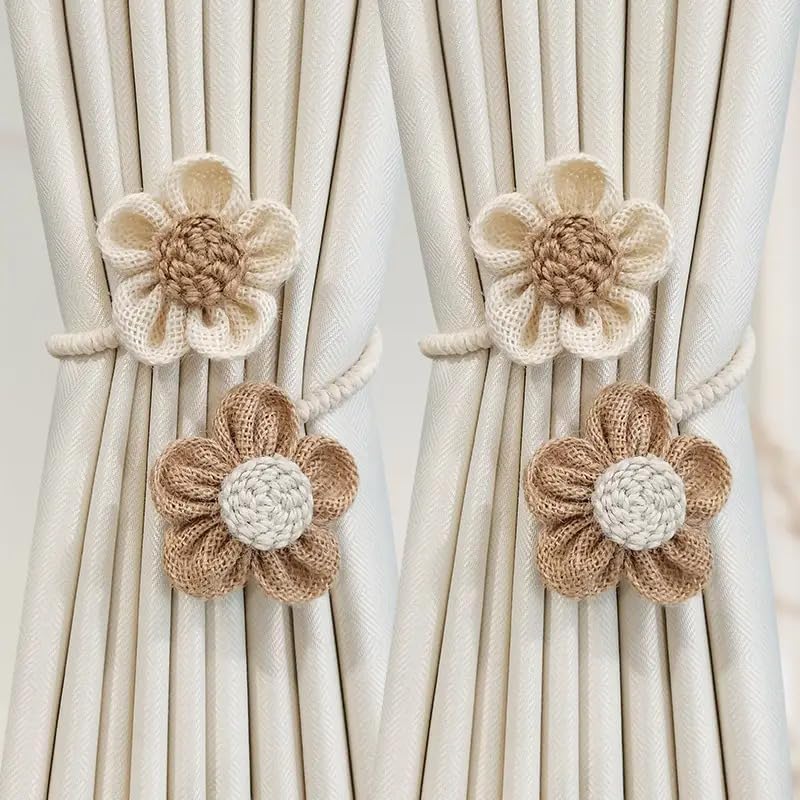 Image of Catchy Rope White & (Set of Brown Holders Holdback 2) Curtains Tieback Drapery Jute Tiebacks. Natural Decorative Window Neutral Combo Curtains Floral Curtain Beautiful (8, Complete Brown)