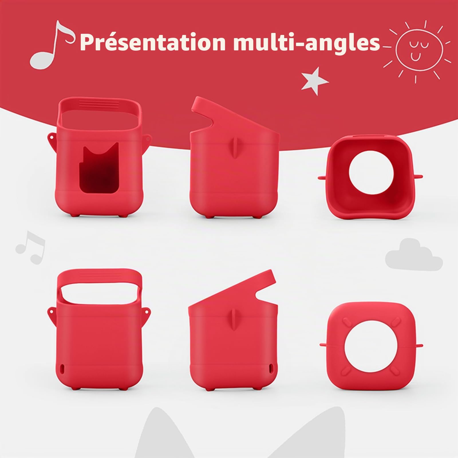 Housse de protection en silicone compatible avec Toniebox 2 & 1, lecteur audio, housse anti-poussière avec poignée de transport et bandoulière (rouge)