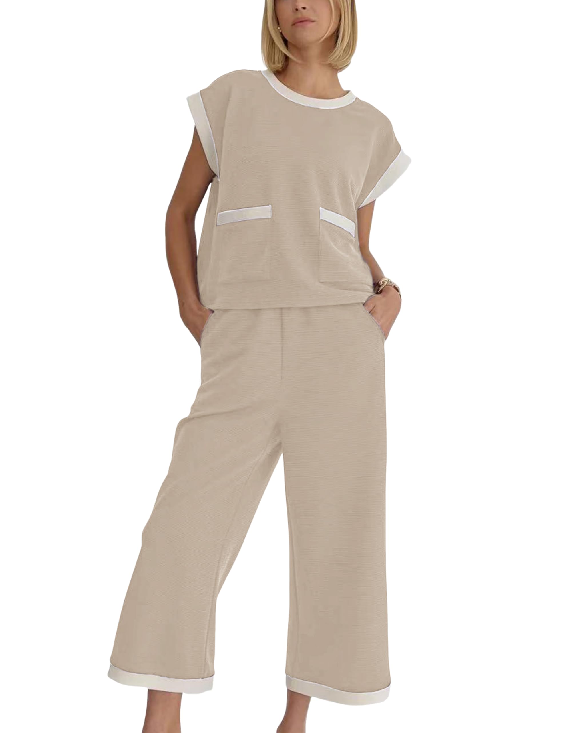 Faleave Women's 2 Piece Summer Lounge Set Outfit Short Sleeve Pullover Tops Wide Leg Long Pants Tracksuit