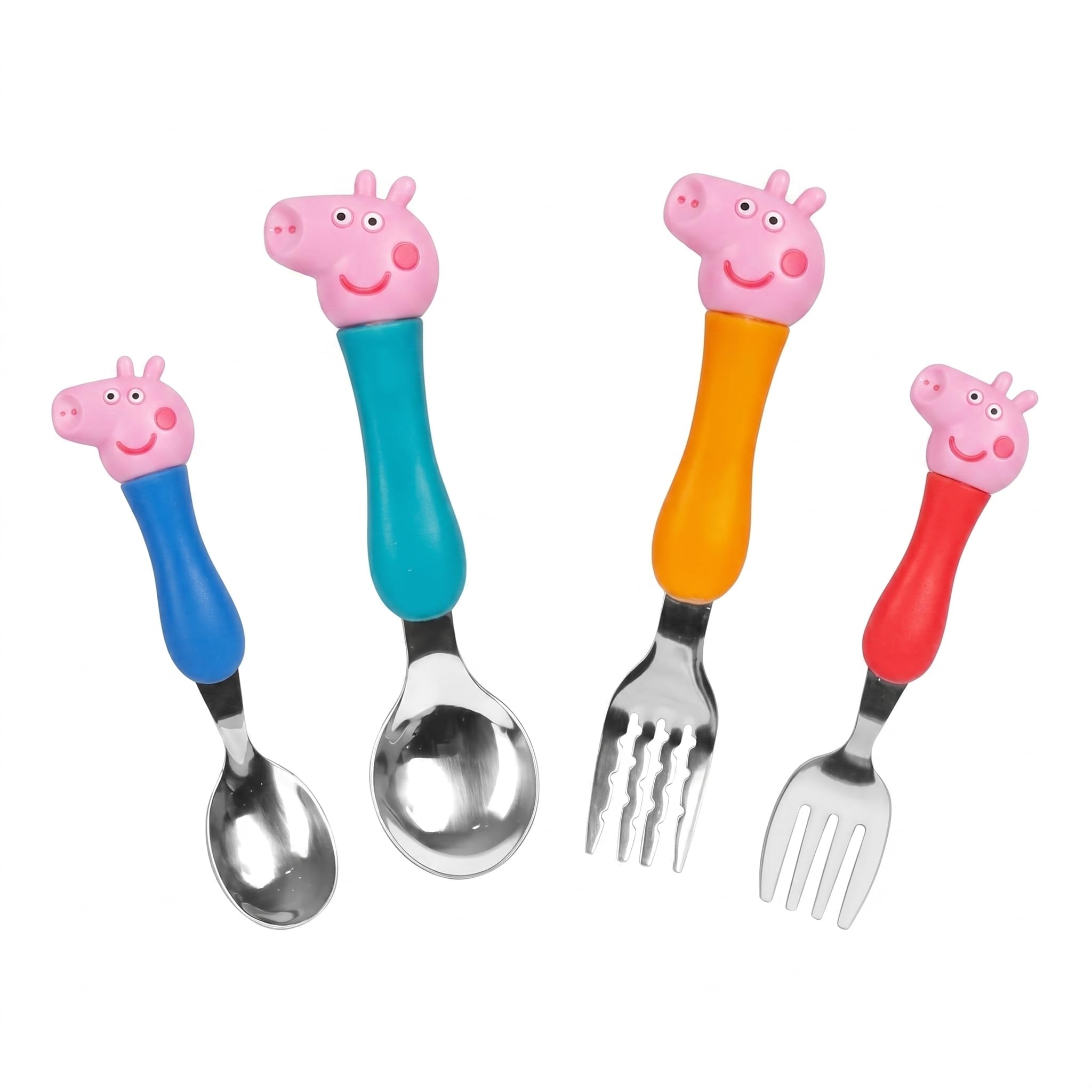 Peppa Pig Kids Spoon Fork Combo - Pink & Blue Stainless Steel Toddler Cutlery with Silicone Grip Handle, BPA-Free Cartoon Baby Self-Feeding Set (2-Piece)-image-1