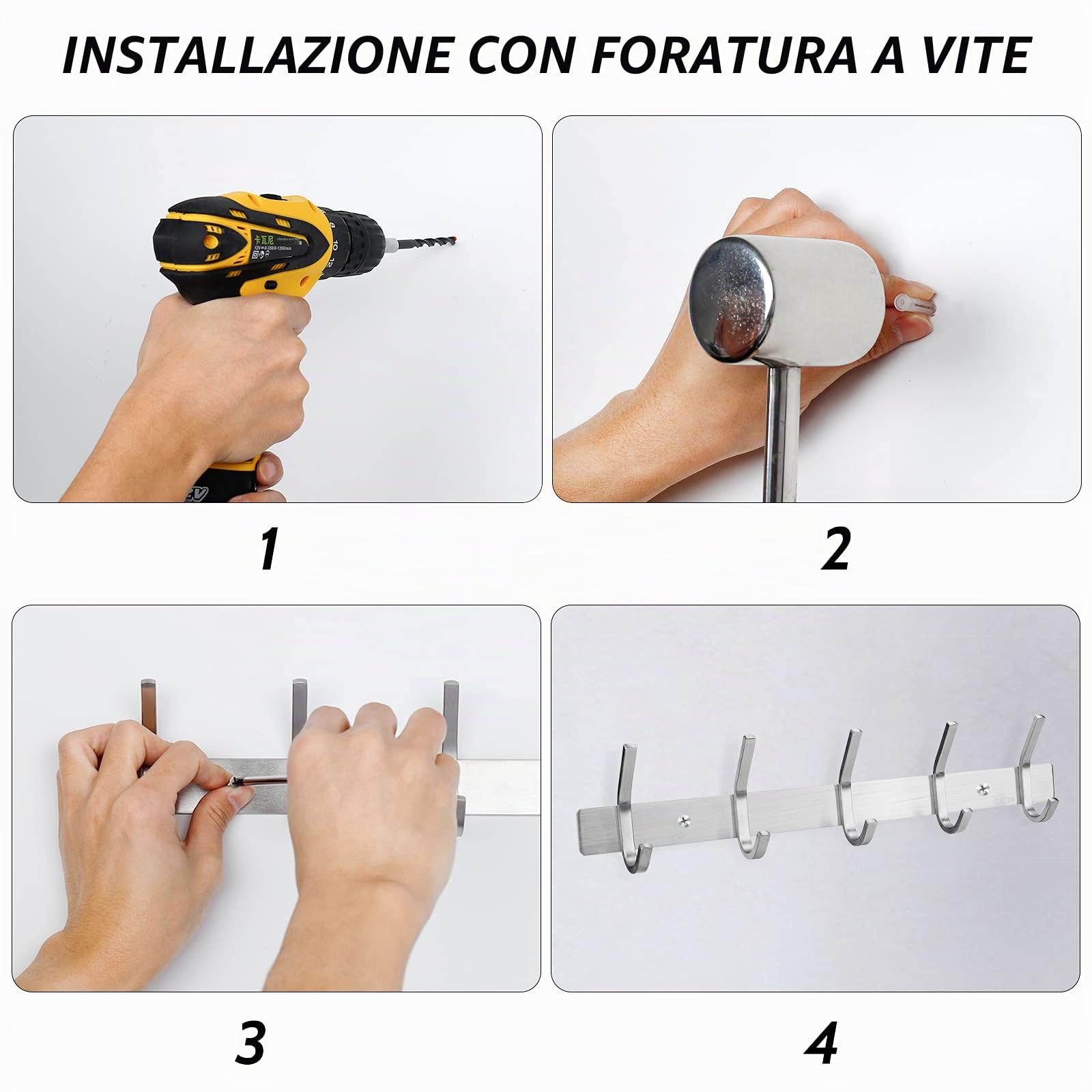 MaoXinTek Appendiabiti da parete e autoadesivo, in acciaio inox, con 5 ganci, per bagno e cucina
