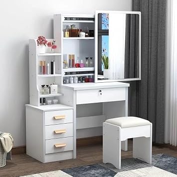 Vanity Desk with Mirror and Lights, 3 Color Light Modes,Small Vanity Desk, Makeup Table with Extra Hidden Stroage,Makeup Desk 4 Drawers 7 Open Shelves,Dressing Table for Bedroom White