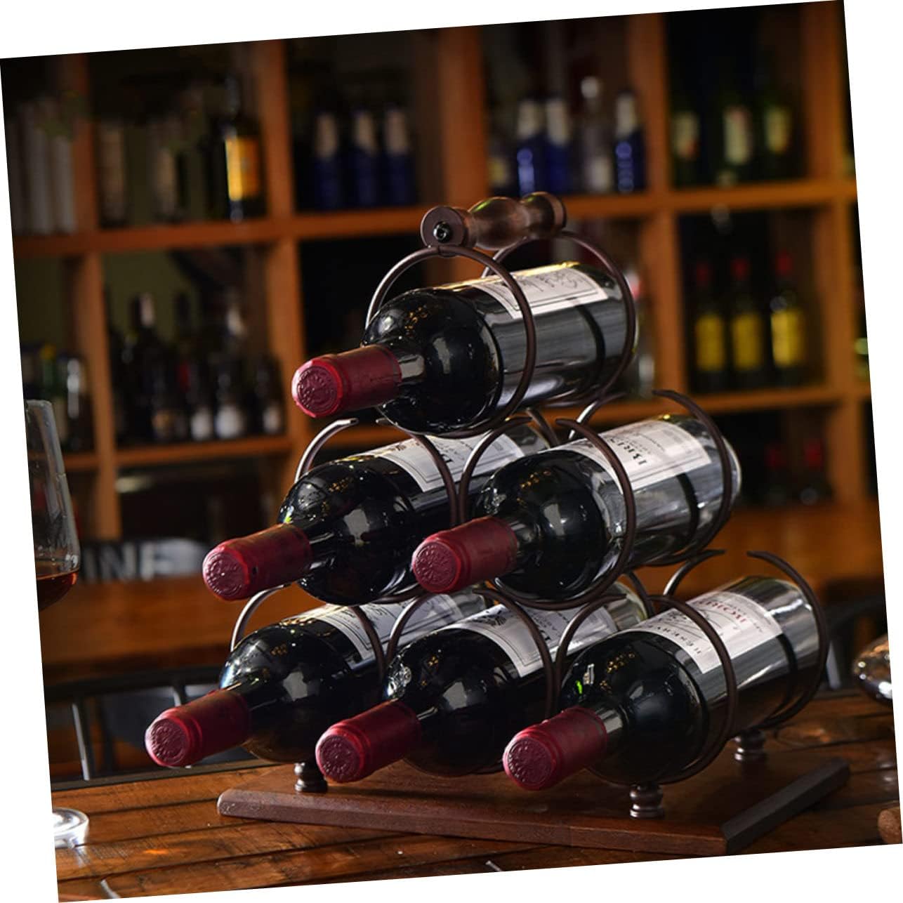 Creative European Style Iron Red Wine Rack for 6 Bottles Sturdy Wine Storage Display Stand for Home Bar and Kitchen Decor