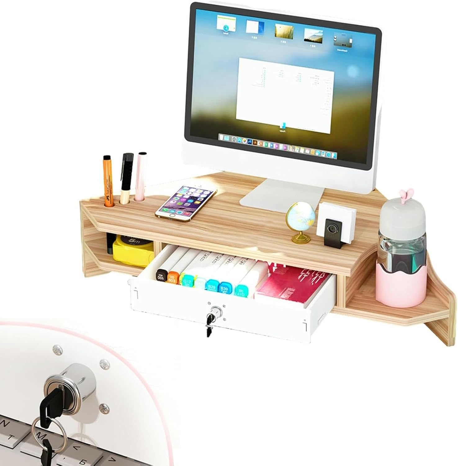 Ergonomic Corner Monitor Stand Riser, Wooden Desktop Corner Shelf with Cup Holders & 2 Tiers Storage, Triangle Screen Riser for Printer Pc