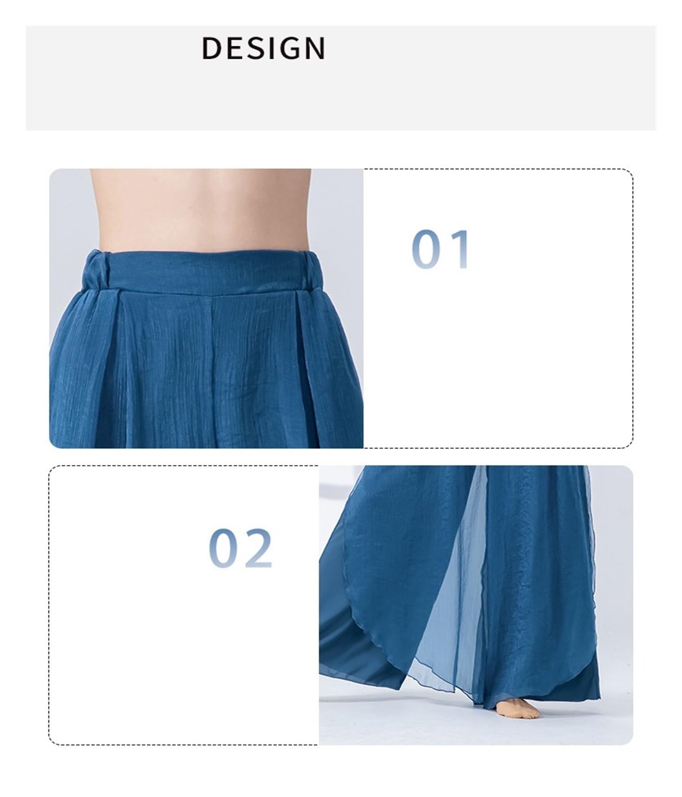 Pantaloni da danza classica donna, pantaloni pratica moderna, gamba larga, gonna in chiffon fluido con giunture