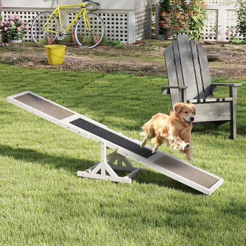 COSTWAY Hundewippe Holz, Hunde Agility Wippe, Outdoor Hundesport für Balance-Training, für kleine & große Hunde bis 60 kg, wetterfestes Spielset, 179 x 30 x 55 cm (Weiß)