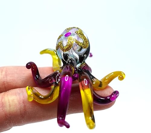 Figuras pequeñas de pulpo soplado a mano, animales artísticos, regalo coleccionable, decoración del hogar (morado amarillo)