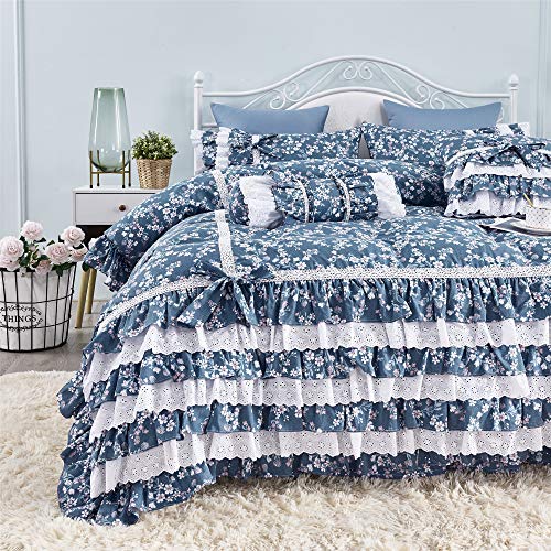 Fadfay Vintage Floral Dovet Cover Set Elegant And Shabby Blue Farmhouse Bedding White Lace Ruffle Princess Girls Bedding 100% Cotton Ultra Soft Korean Bedding With Bedskirt, Twin Extra Long Size #TOP1