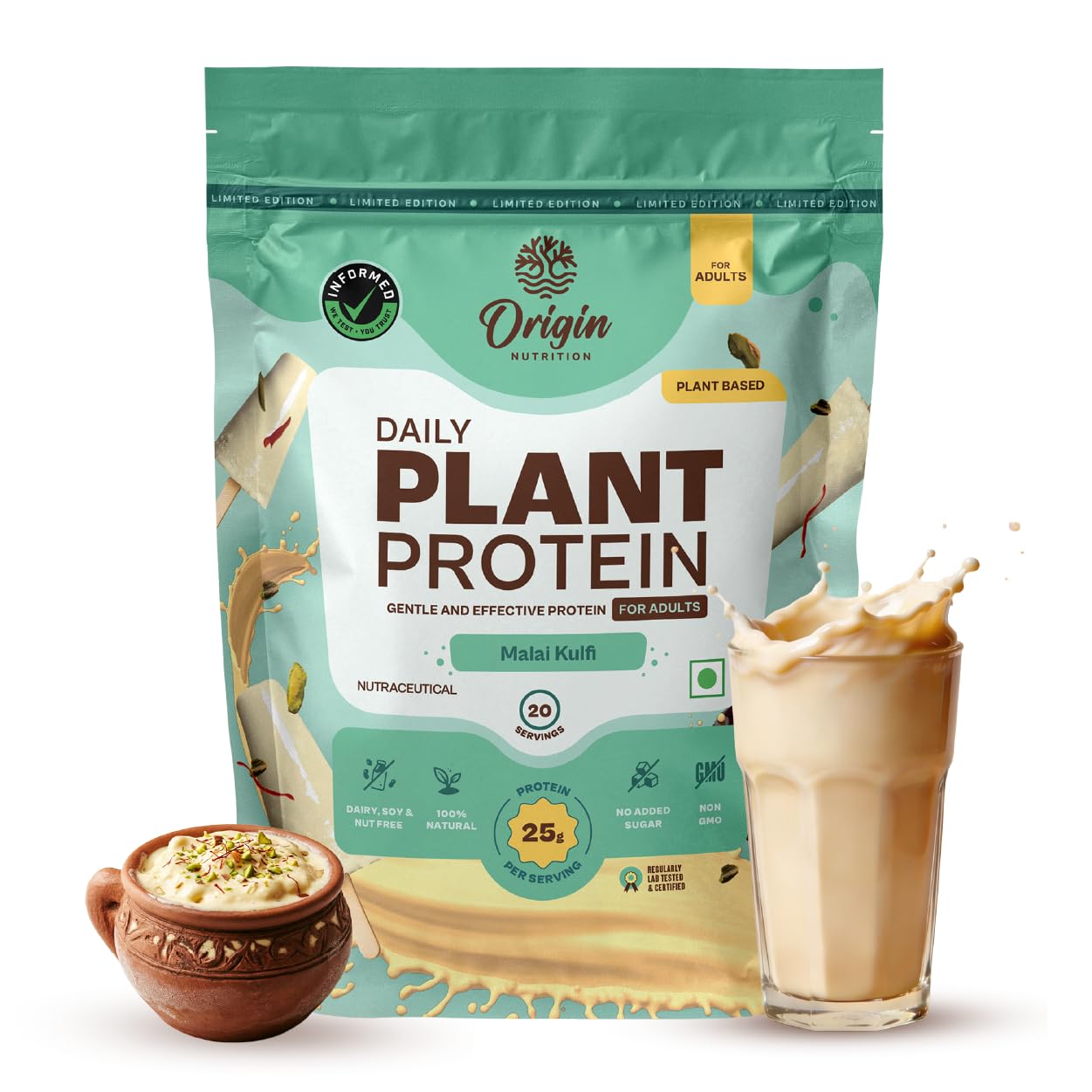 Origin Nutrition Plant Based Protein Powder | 100% Vegan Dairy Free Supplement | Kulfi Flavour with 25g Protein Per Serving | Muscle Recovery & High Protein Fitness Nutrition Drink (20 Servings)-image-34