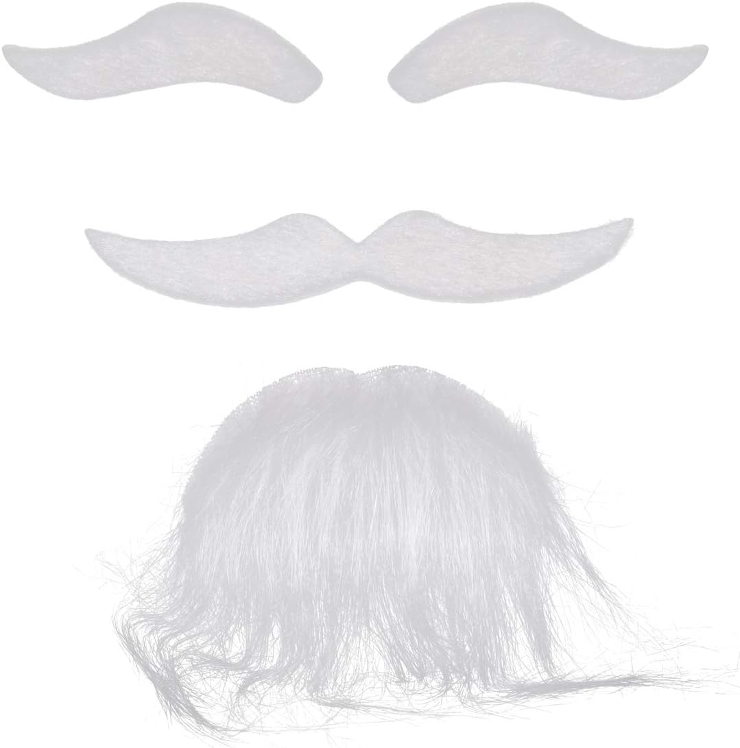 AmosfunThree-Piece Novelty Halloween Costumes Self Adhesive Fake Eyebrows Beard Moustache Goatee Kit Facial Hair Cosplay Props Disguise Decoration for Masquerade Costume Party (White)