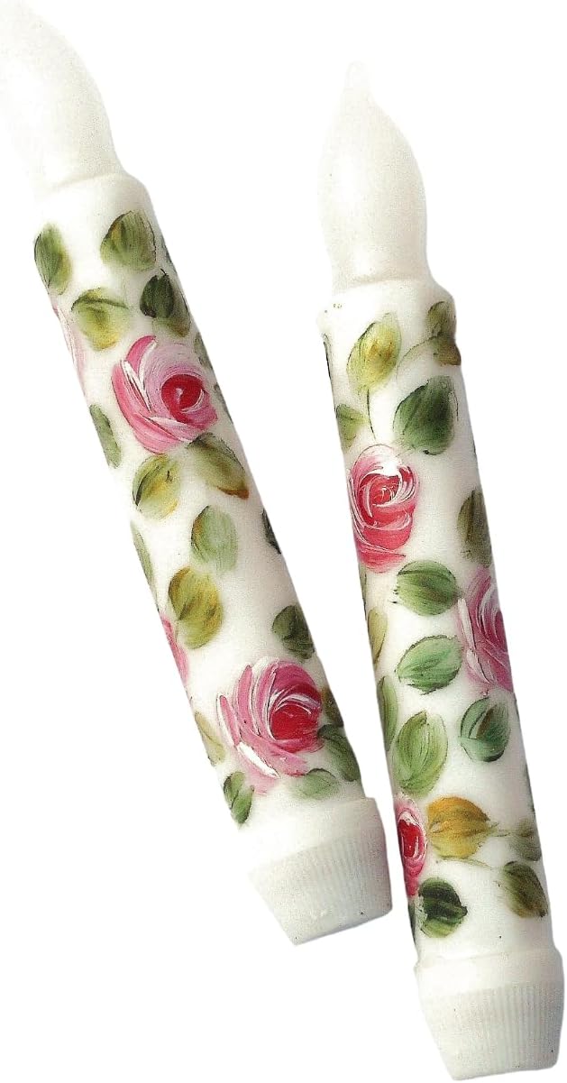 Pretty Romantic Decorative Battery Operated 6 Inch Little Short Flameless Taper Candles with Hand Painted Pink Roses Spring Decor