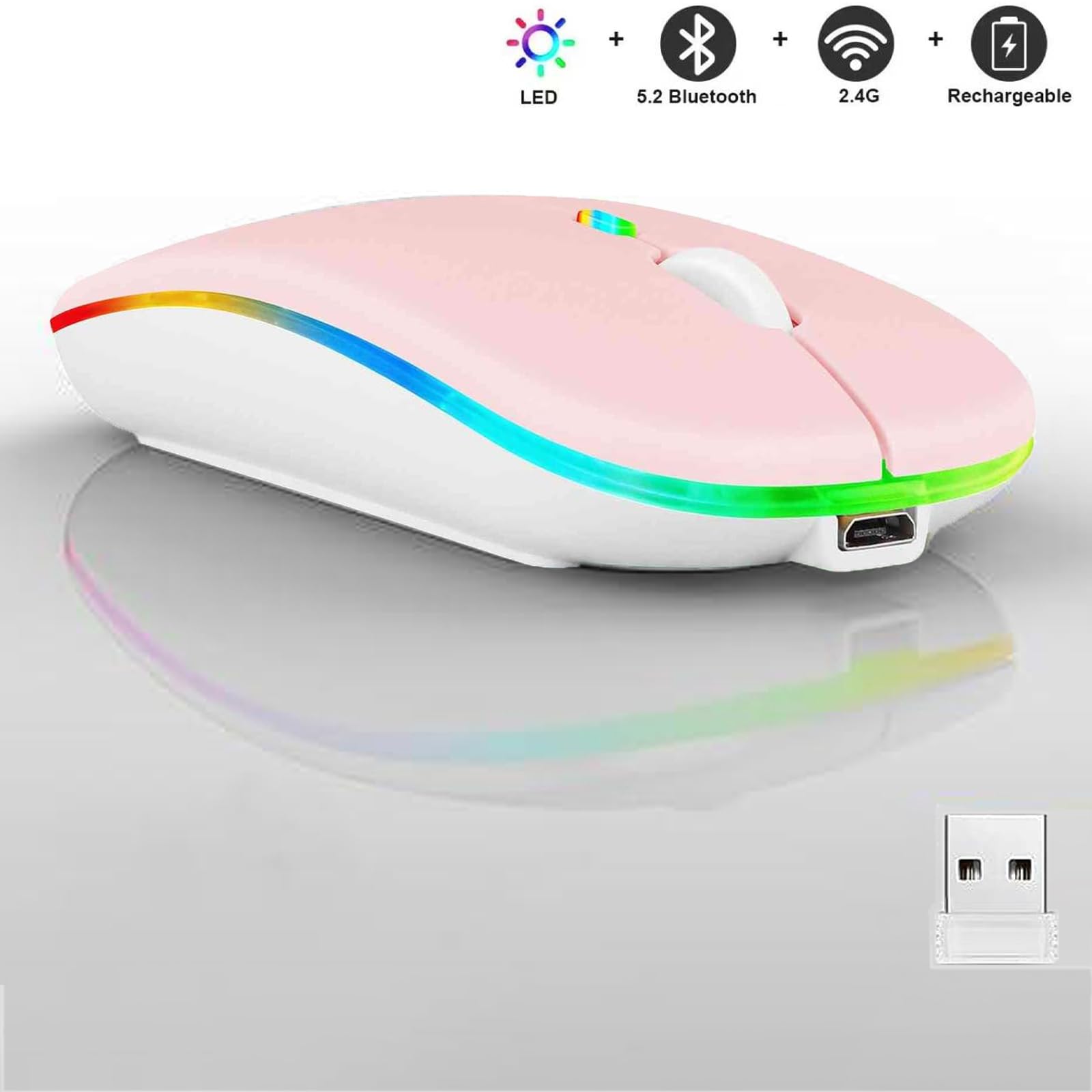 Guiheng Ratón inalámbrico Bluetooth, LED de modo dual recargable, silencioso y delgado, portátil (BT5.2 + receptor USB), ratones de computadora de modo dual, para laptop, computadora de escritorio,