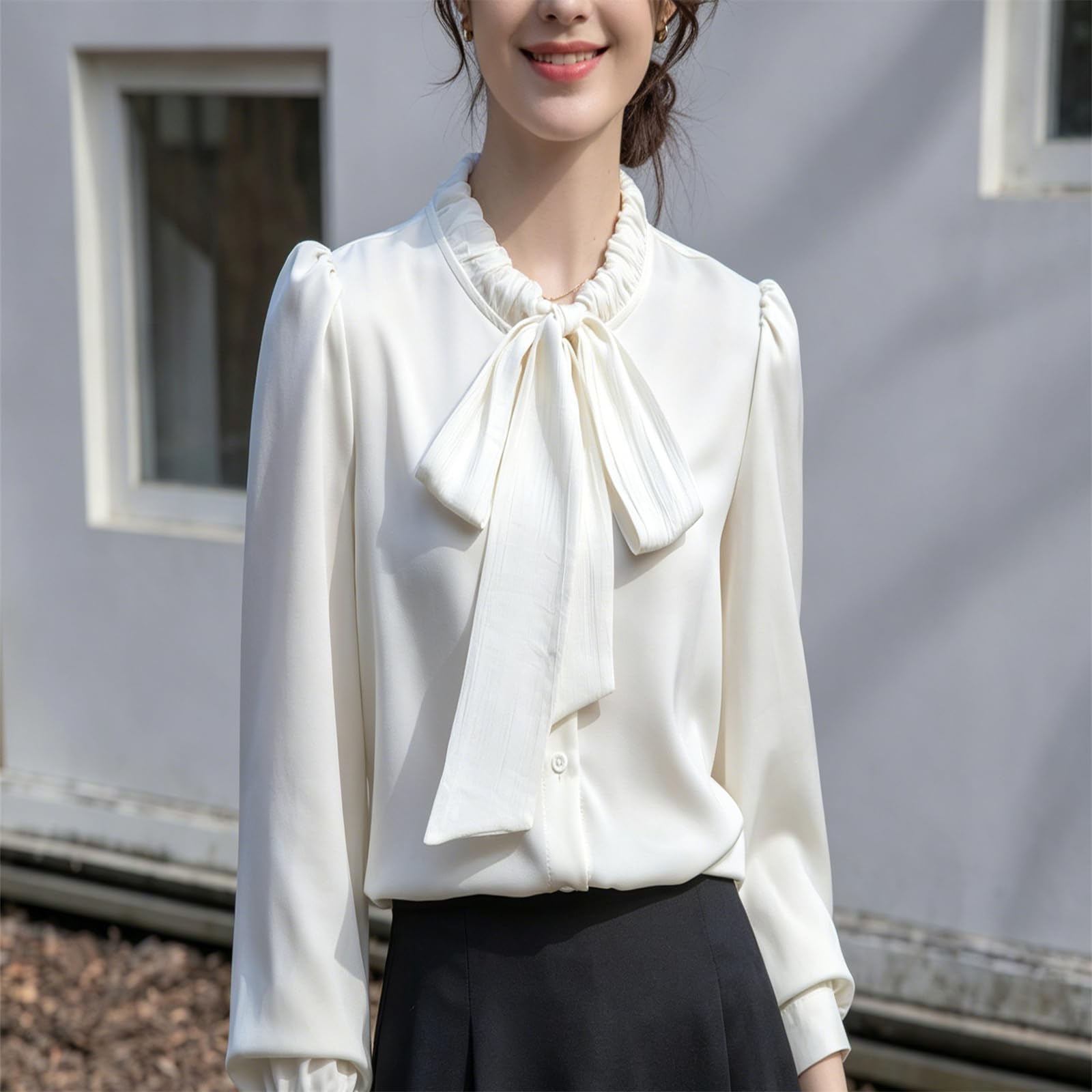 Camicie da donna in raso a maniche lunghe con fiocco, camicia leggera casual elegante per feste, balli scolastici, ufficio, lavoro