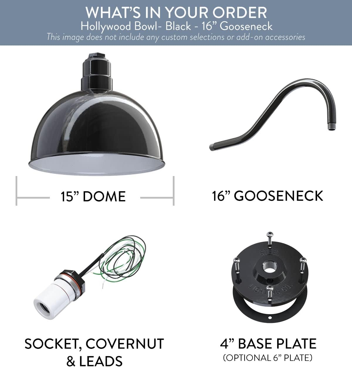 Steel Lighting Co. Hollywood Bowl Light | Outdoor Wall Mounted | 15 inch Bowl Dome | 16 inch Gooseneck | Barn Light Made in America | Matte Black Exterior/White Interior
