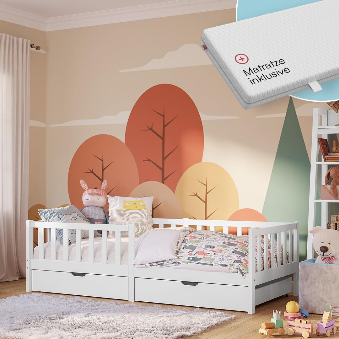 Bellabino Vere Kinderbett 90x200 cm – Montessori Bett mit Matratze, Rausfallschutz, Lattenrost & 2 Schubladen – Massives Kinder Bett für Jungen & Mädchen aus Kiefer – Kleinkindbett weiß mit Stauraum