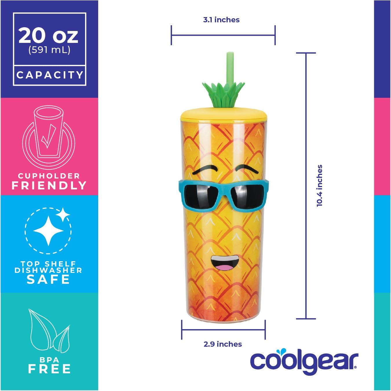 COOL GEAR 2-Pack 20 oz Shady Fruit Tumbler with Pressure Fit Lid and Straw Included (Lemon/Melon)