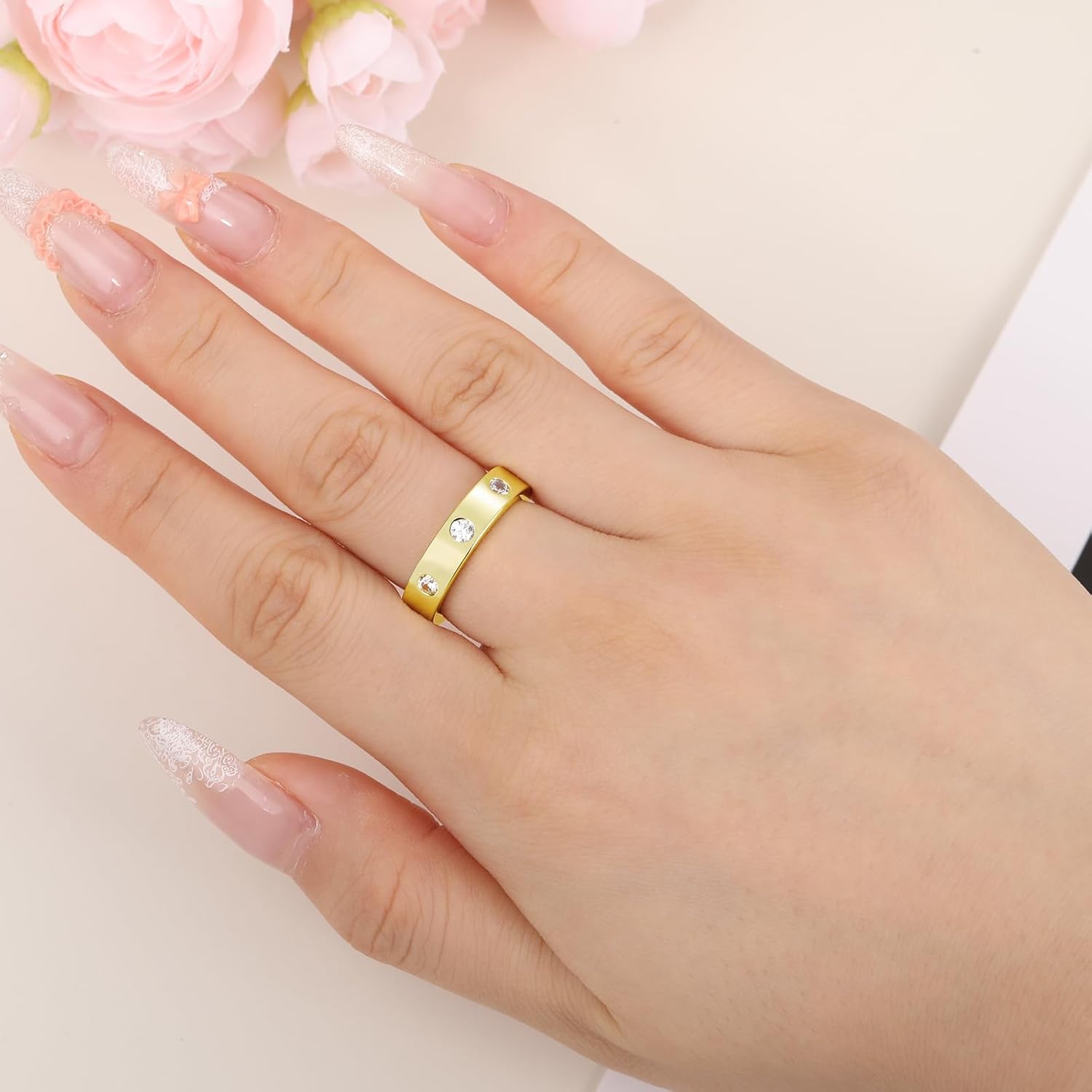 Moissanite Wedding Bands for Women 14k Gold Plated Eternity Engagement Ring 5mm Wide Non Tarnish Anniversary Birthday Day Gifts - Image 3