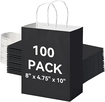 Brothersbox 100 Pack Paper Gift Bags with Handles, 8x4.75x10 Inch, Black | Medium Size, Kraft Bags in Bulk for Shopping, Craft, Business, Retail, Party Favor, Takeout, Goodie and Grocery Use