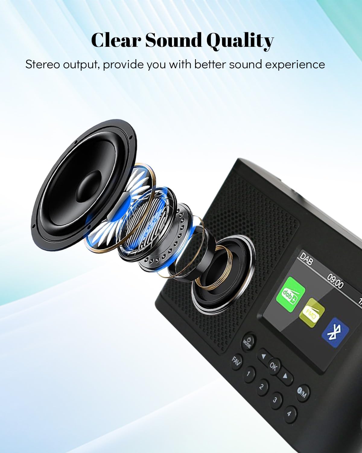 Radio portatil Pequeña, Radio Dab/FM, Radio con Bluetooth,Radio a Pilas Digital,Reloj con Doble Alarma, Temporizador de Apagado automático, 40 emisoras preprogramadas