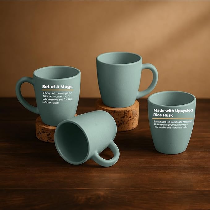 Bio Composite Material Vintage Brew Single Mug Tea Cup | Milk-Coffee Mug | Size- 300 ml | Pastel Green, Set of 4