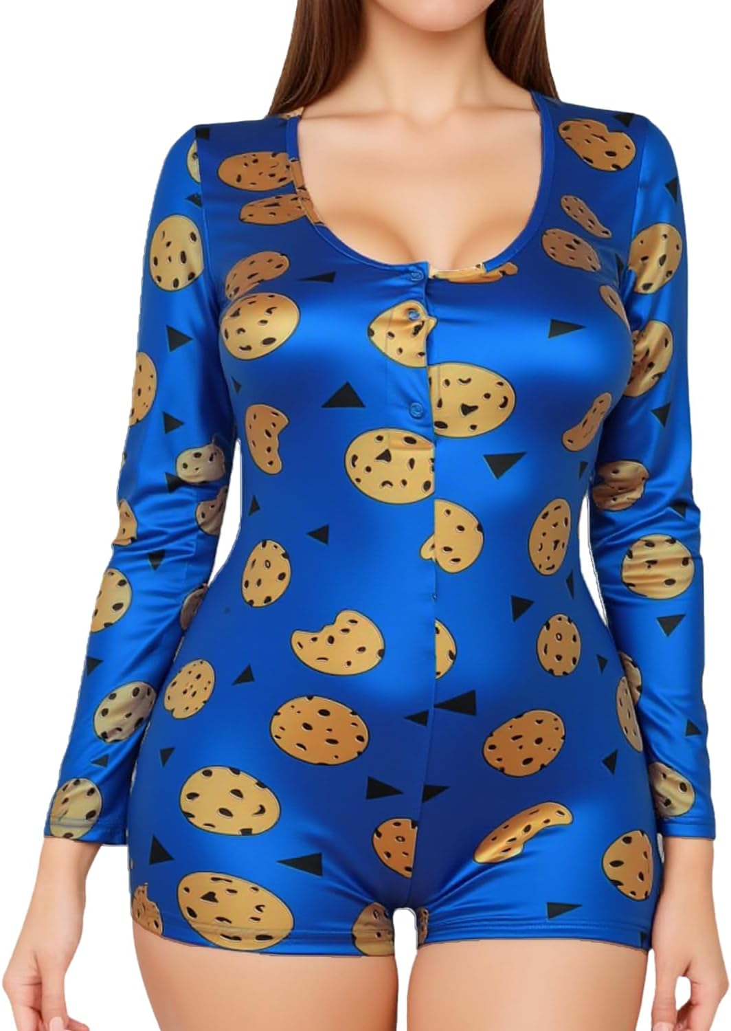 Onesies Women Sexy, Cute Onesie Pajamas for Women Long Sleeve Cookie Monster Large