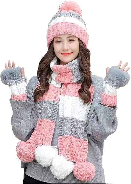 Thermal Winter Warm Knitted Beanie Hat for Women, Windproof Fleece Soft Knit Hat Gloves Scarfs 3 Set for Travel/Hiking/Camping/Fishing/Cycling