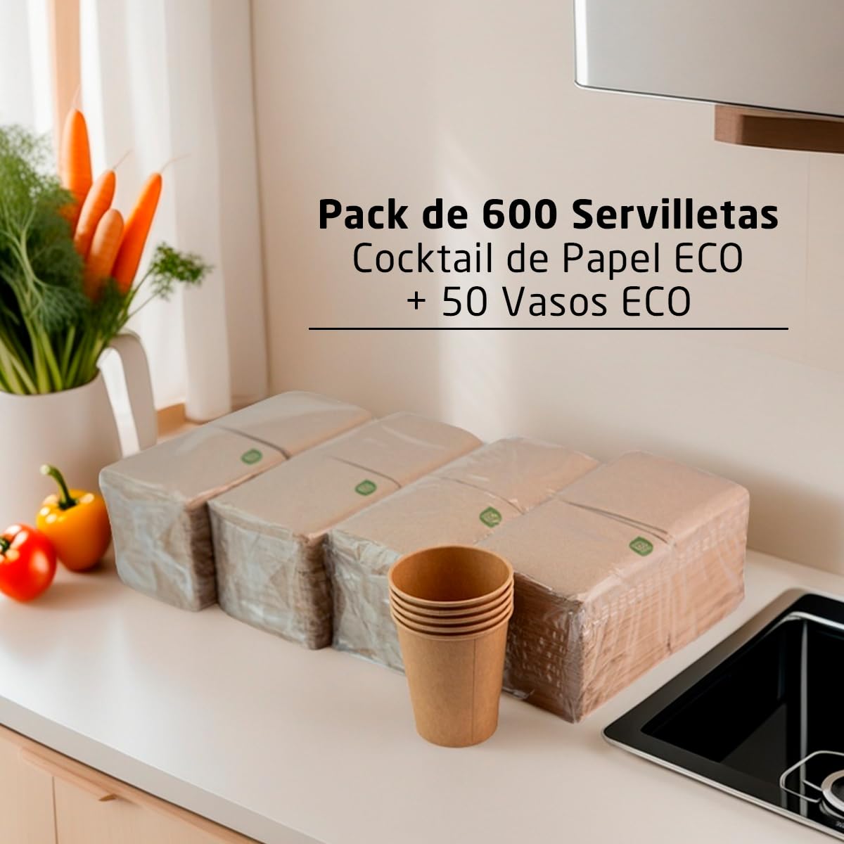 Pack de 600 Servilletas Cocktail de Papel 100% Reciclables y Biodegradables + 50 Vasos Eco - 10 x 10 cm Plegadas - Hostelnovo