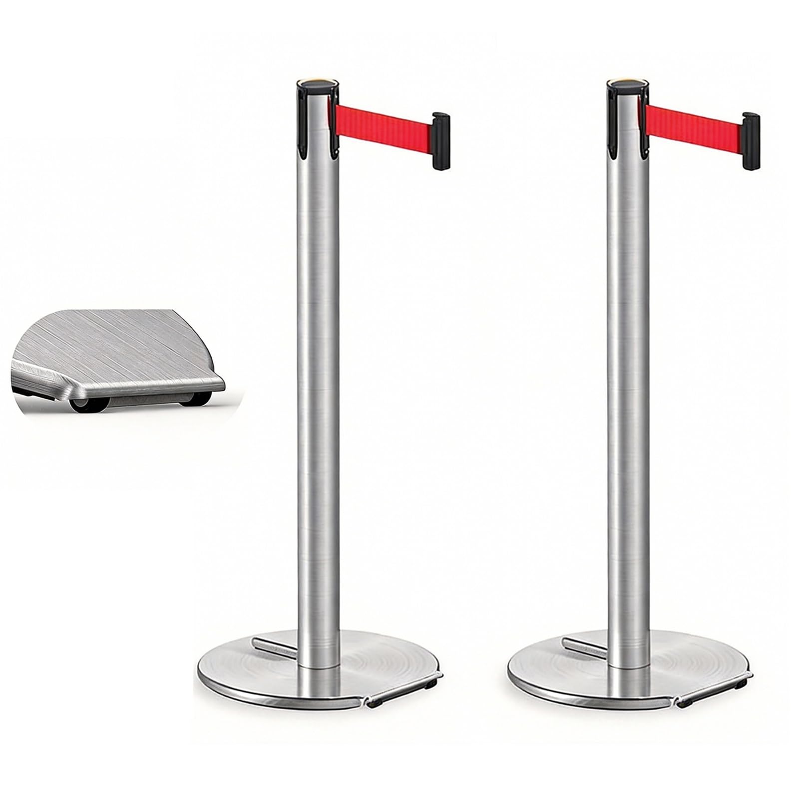 2 correas retráctiles de acero con ruedas, 3 m, para control de multitudes, base de hierro fundido para zonas de alto tráfico (plateado)