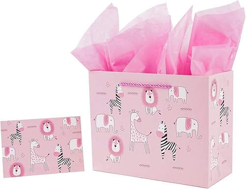 Miniatura 6 de Lyforpyton Bolsas de regalo con papel de seda de 12.5 x 9.8 x 5.1 pulgadas, bolsas de regalo de zoológico rosa para fiestas de cumpleaños de niños