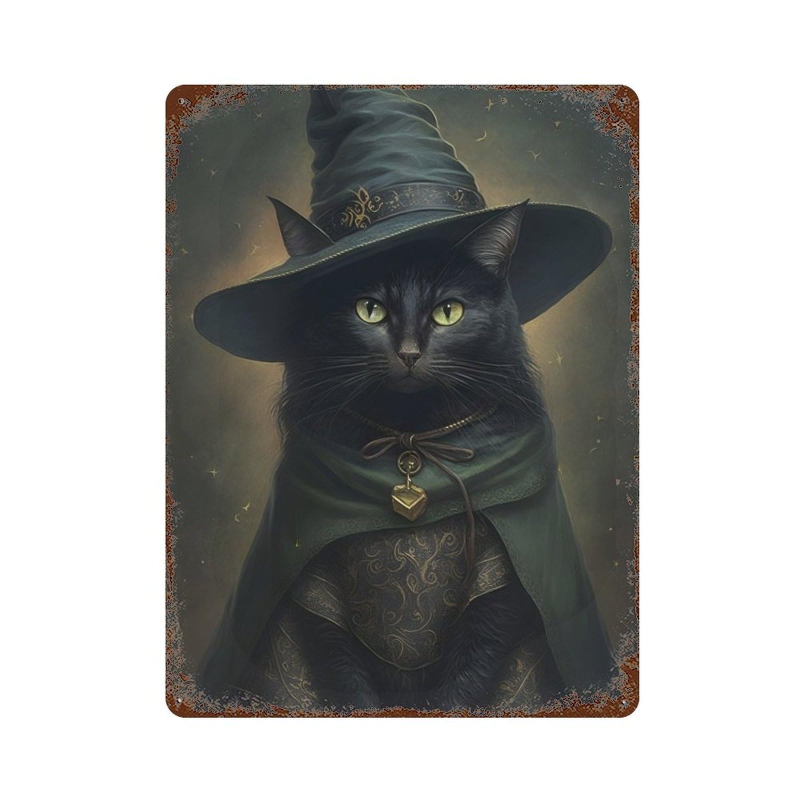 Rust Effect Witch Cat Halloween Costume Rusty Metal Tin Sign 15.7"x11.8", Industrial Home Decor for Living Room, Hallway And Home Decor