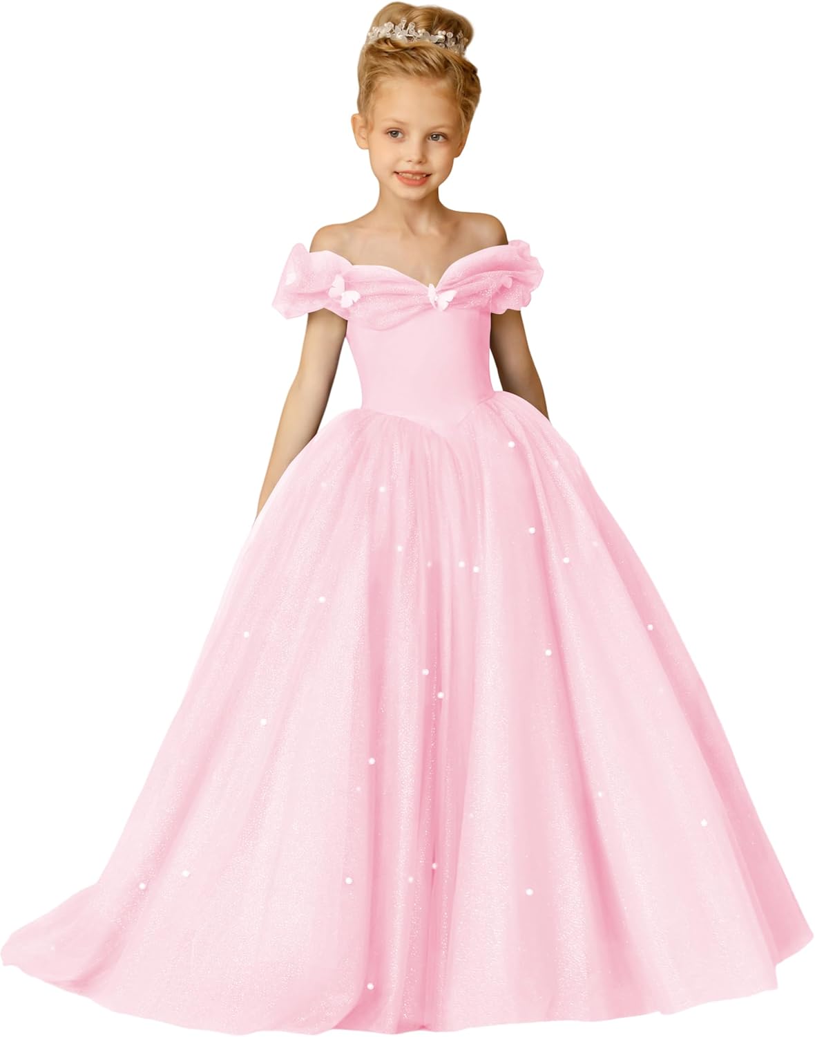 Off Shoulder Flower Girl Dress Elegant Puffy Tulle Pageant Gown Sparkly Pearls Formal Evening Party Dresses
