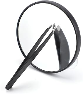 Stainless Steel Tweezers 10X Magnifying Mirror Kit Tools For Man Women Facial Hair Eyebrow Chin(2 Pcs,Black).