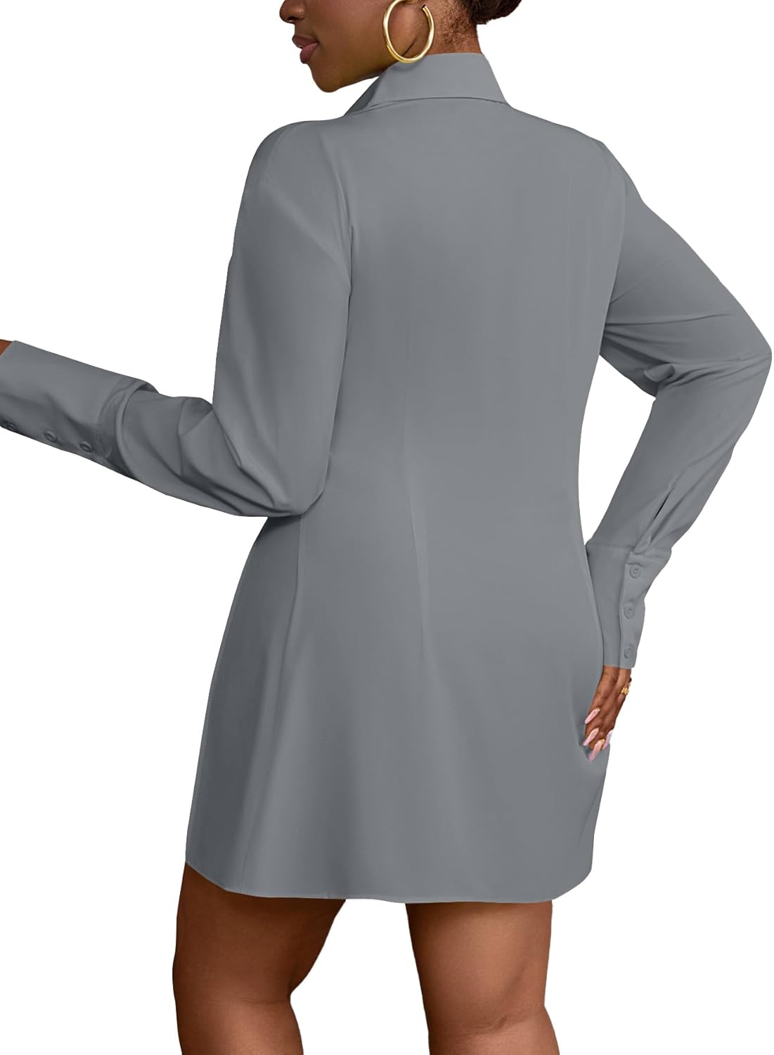 LYANER Women's Button Down Shirt Dress Collar V Neck Long Sleeve Slit Sexy Shirt Dresses - Image 2