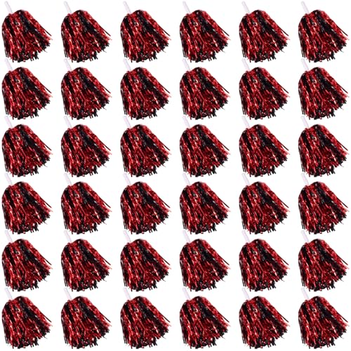 36 Pcs Black, Red Cheerleading Pom Poms - School Spirit Shakers Metallic Foil Cheering Pompoms Cheer Pom with Baton Handle Plastic Squad for Adults Team Spirit Sports Party Cheering (36, Black, Red)