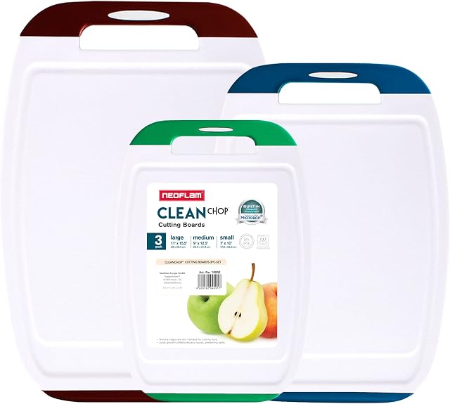 NEOFLAM Microban® antibacterial chopping board, plastic, multi-coloured, set of 3 chopping boards, dishwasher-safe, non-slip boards with juice groove and handle