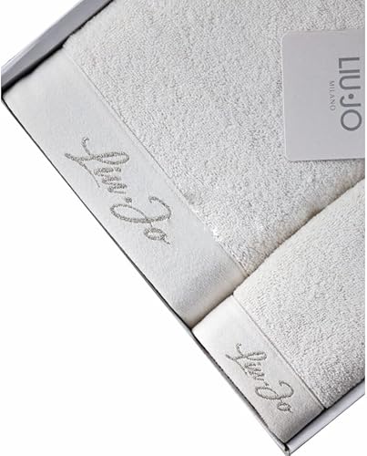 Russo Tessuti Set Bagno Teli Spugna 100% Cotone 1+1 Viso Ospite Liu Jo LiuJo Lurex Logo Ricamo-Avorio