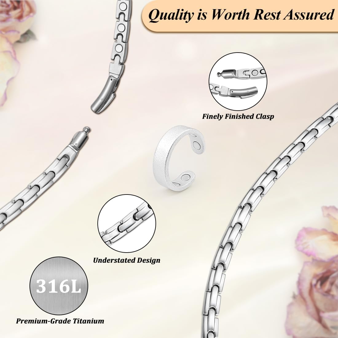 Vicmag Magnetic Titanium Necklace for Women & Men, Ultra Strength Magnets | Titanium Chain, 3800 Gauss Magnets, Necklace Ring Set, Adjustable with Sizing Tool, Jewelry Present Set, Waterproof