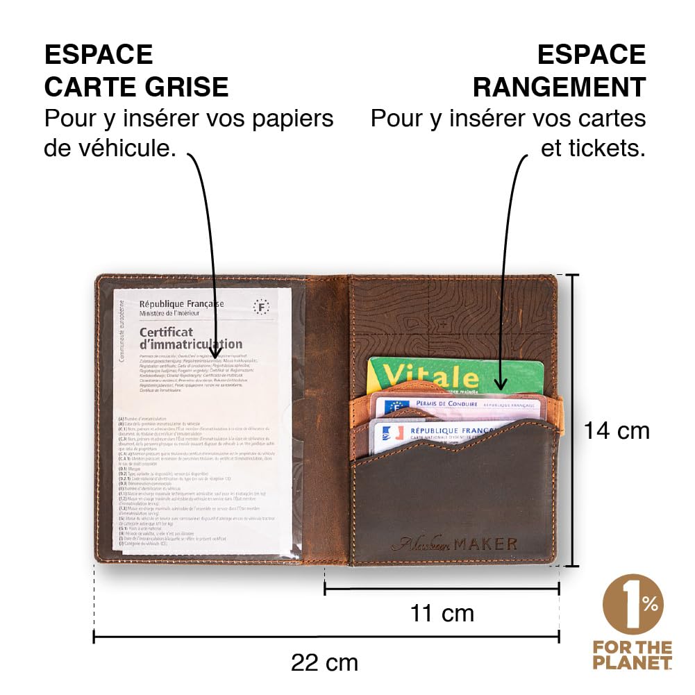 Alaskan MAKER - Étui à Carte Grise en Cuir Pleine Fleur - Rangement Documents Voiture & Cartes - Protection RFID - Fermeture Sécurisée Bouton Pression - Format Compact et Résistant (Wood)