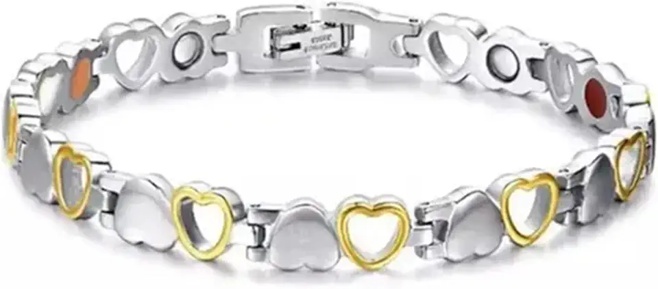 Pulseira Feminina Bracelete Prata Com Dourado Imantada Coração Magnética