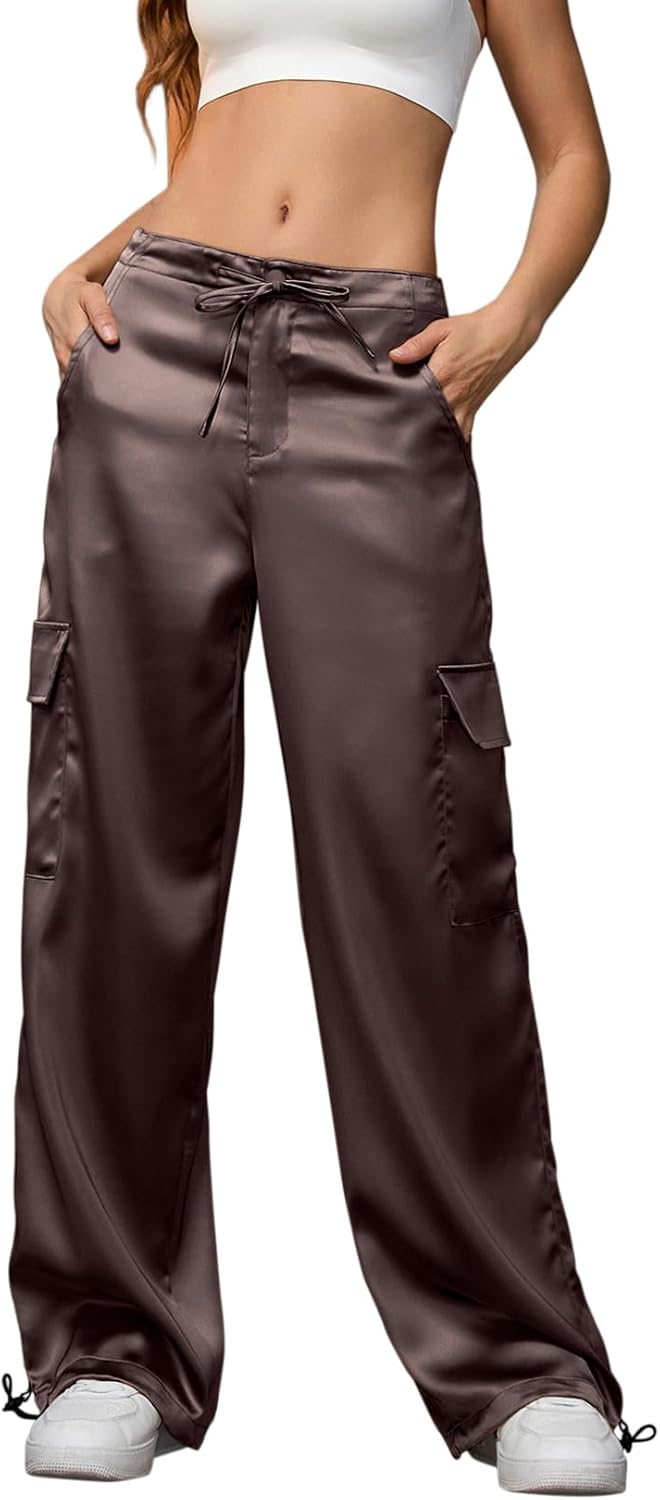 Perfashion Women Satin Pants Silk Wide Leg Trousers Low Rise Cargo Joggers Drawstring Going Out Concert Outfits Elegant