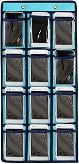 Classroom Pocket Chart For Cell Phones Calculators Over The Door Hanging Closet Underwear Sock Jewelry Organizer Holder 12 Clear Pockets (BLUE)