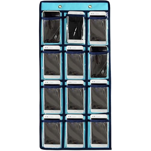 Classroom Pocket Chart For Cell Phones Calculators Over The Door Hanging Closet Underwear Sock Jewelry Organizer Holder 12 Clear Pockets (BLUE)