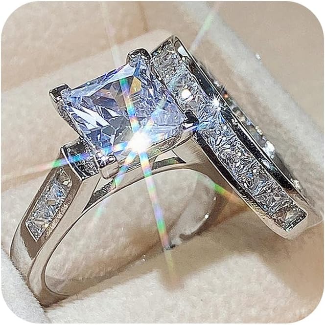2 PCS Platinum Plated 925 Sterling Silver Square Zirconia Cushion Halo Shiny CZ Crystal Diamond Engagement Wedding Rings Set for Women(8) - Image 4
