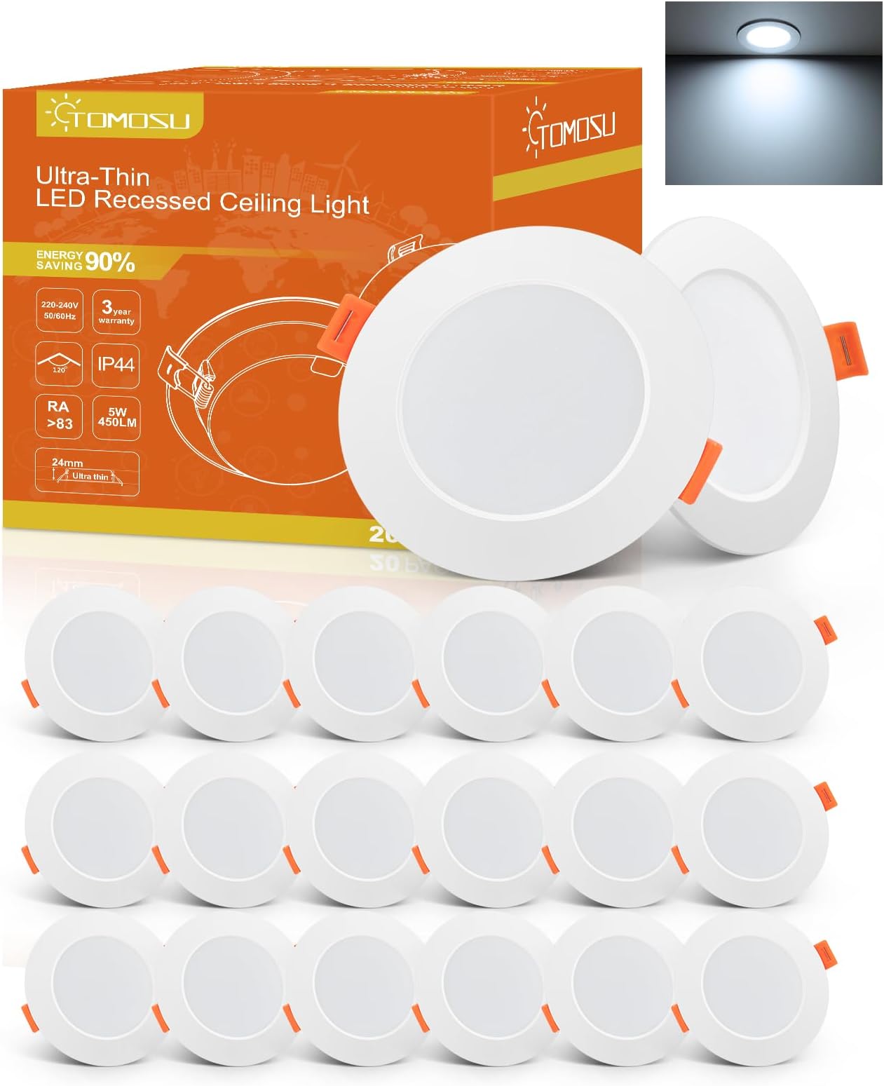 Tomosu Led Downlights Ceiling for Bathroom Cool White 6000K 5W, 20 Pack | Spot Lights Ceiling Waterproof, AC 220-240V, Cut 75-90mm,24mm Slim LED Recessed Ceiling Lights, IP44 Spotlights for Bathroom