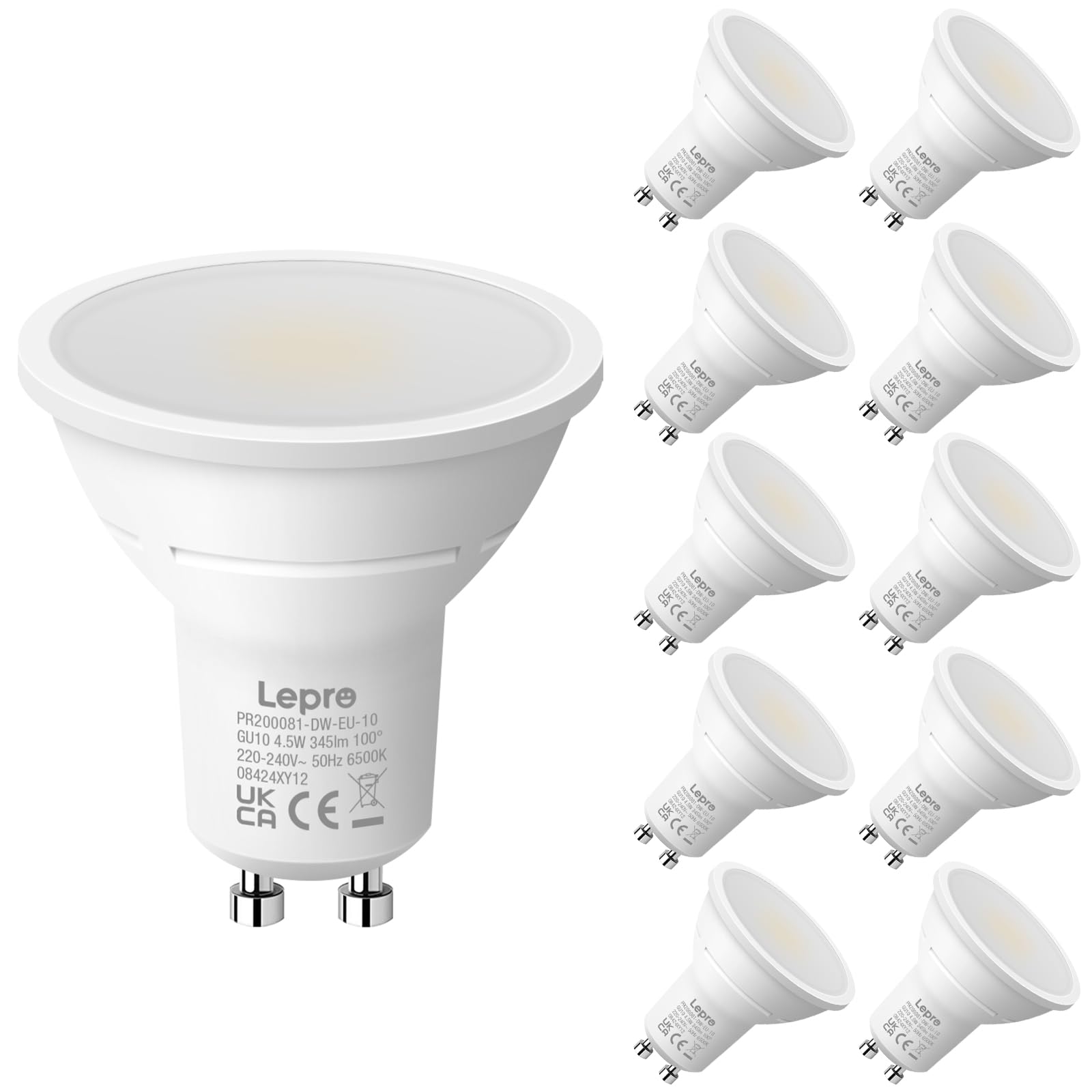 Lepro GU10 LED Bulbs, Cool White 6500K, 4.5W 345lm Daylight Led Bulbs, No Flickering, 50W Halogen Bulb Equivalent, Non-dimmable Energy Saving Light Bulbs, 100° Wide Beam, 10 Packs