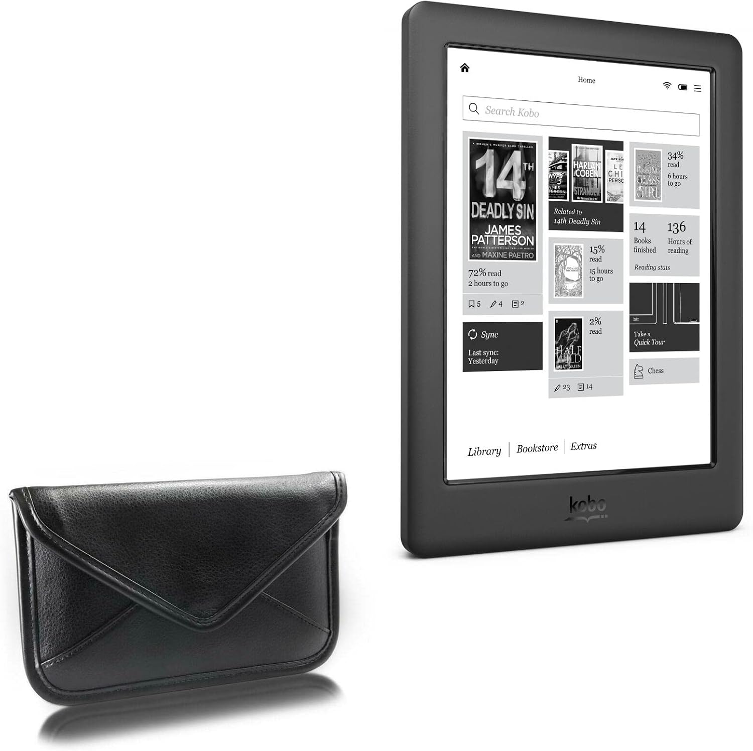 BoxWave Case Compatible with Kobo Glo HD - Elite Leather Messenger Pouch, Synthetic Leather Cover Case Envelope Design - Jet Black