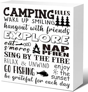 Rusitc Camping Rules Camping Wood Blocks Sign Camping Desk Decor Funny Camping Wood Box Sign For Home Rv Camper Decor Accessories For Inside Camping Decor Gift For Women Men 5x5 Inch